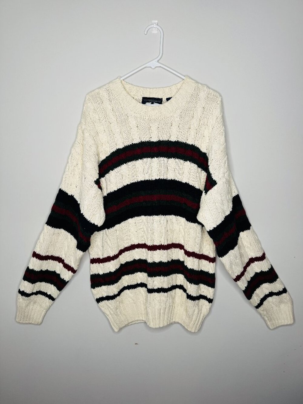 Woods and Gray Cotton Knit Fisherman's Sweater Mens XL Ivory Green Red Stripe